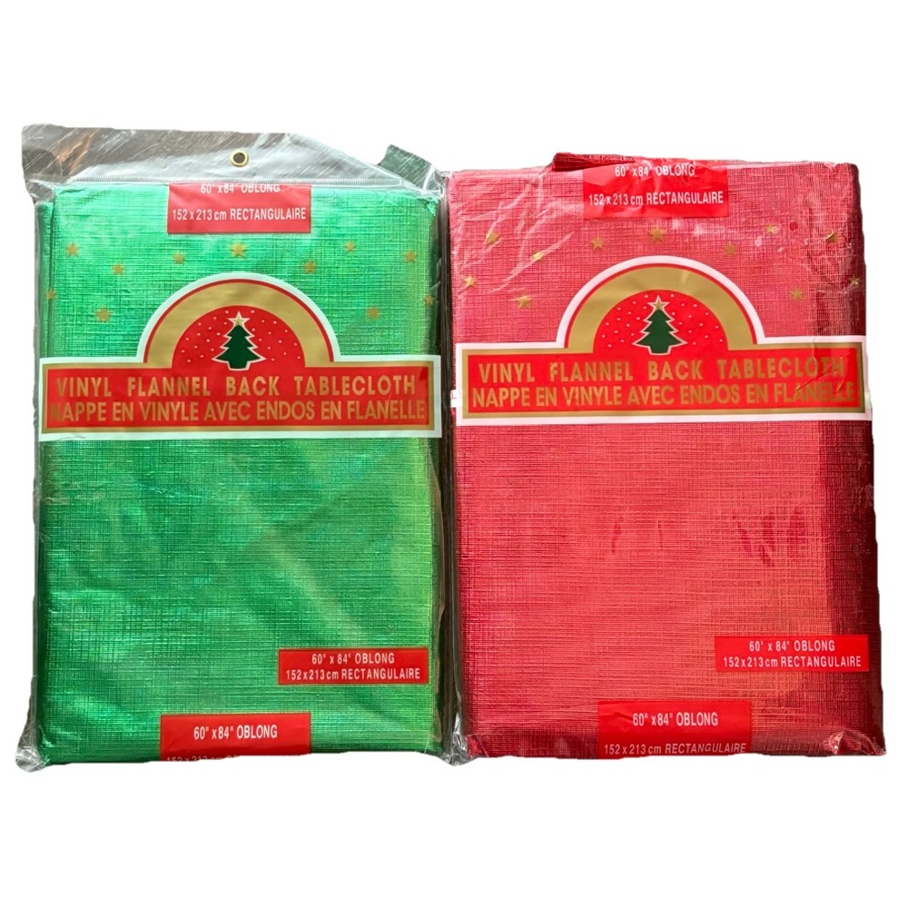 Metallic Red and Green Shiny Vinyl Flannel Back 2 Tablecloths 60” x 84” Oblong